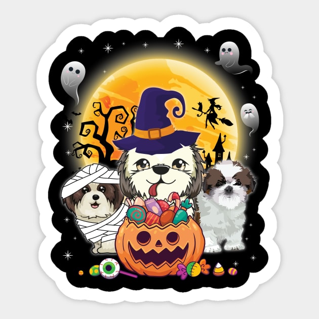 Shih Tzu Dog Mummy Witch Moon Ghosts Happy Halloween Thanksgiving Merry Christmas Day Sticker by joandraelliot